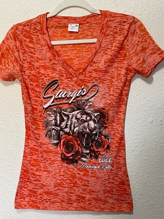 Sturgis Tops - Sturgis Motorcycle Rally 2022 Orange Burnout Tee Shirt. Good Condition. Size S.
